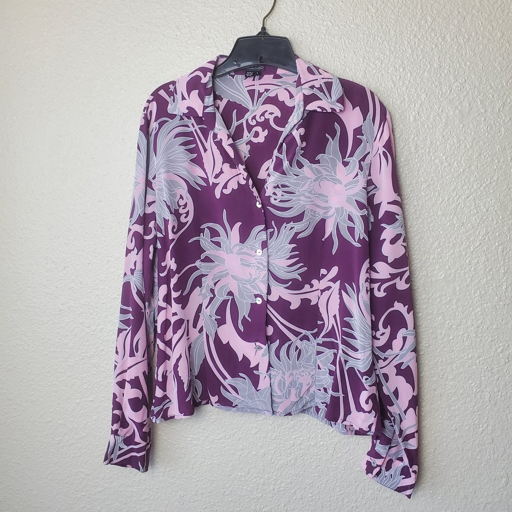 PIANO women's silk blouse, long sleeves, size L floral buttons Y2k style vintage